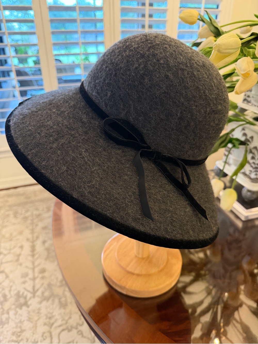 Helen Kaminski Wool Felt Wide-Brim Hat with Black Ribbon